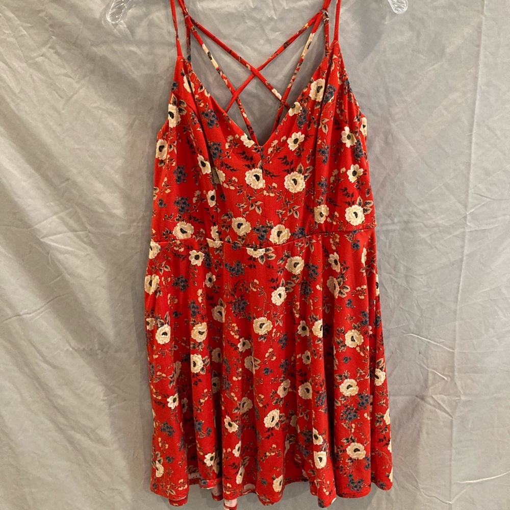 Red floral dress with cross straps on back